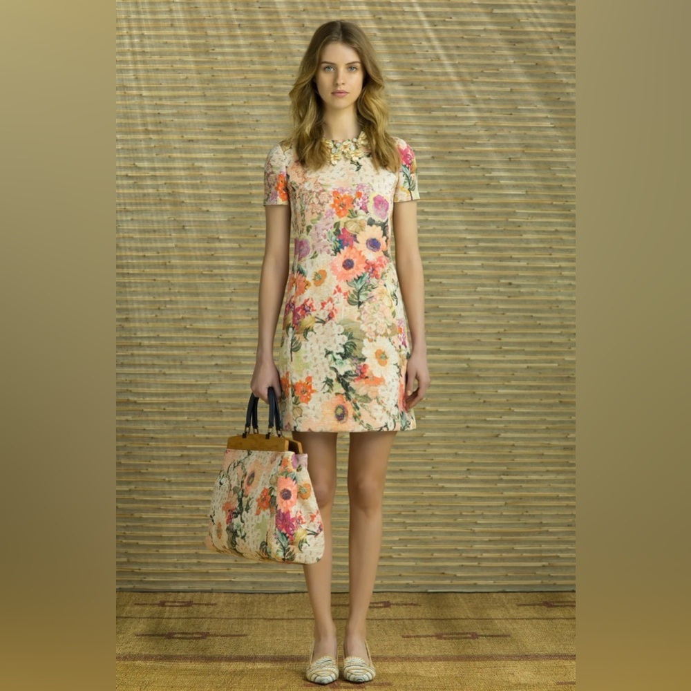 Tory Burch Floral Short Sleeve Shift Dress in Cream with Pink, Orange and Green